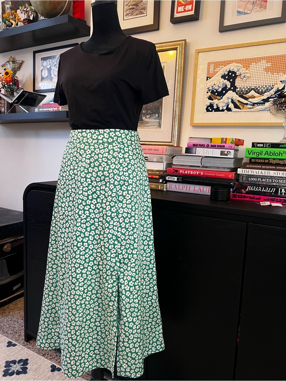 LOFT Green Floral Midi Skirt